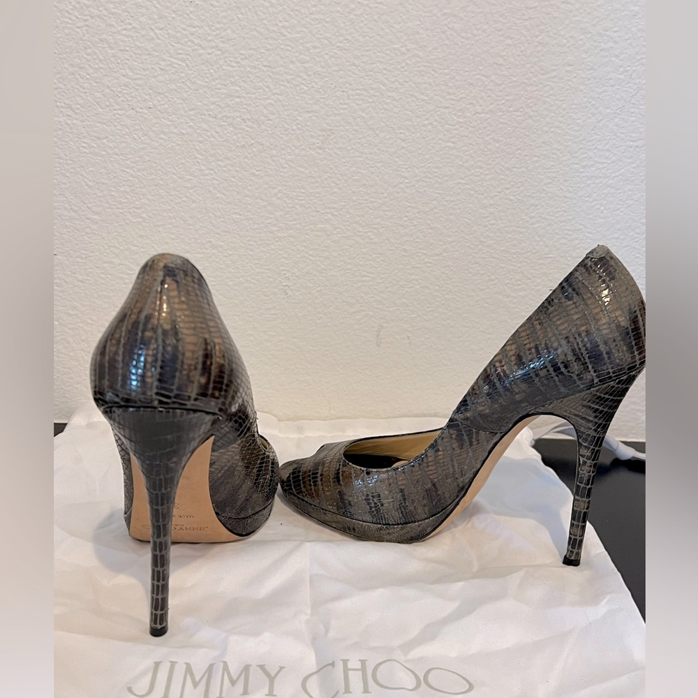 Jimmy Choo Gray Reptile Leather Peep Toe Stiletto High Heels 38 - Picture 6 of 9